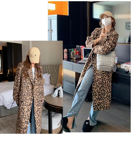 New Spring Women's Wool Coat with Leopard Print Loose Long Sleeved Fashion - Picture 18 of 24
