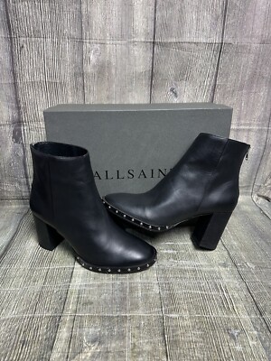 All Saints Inez Nieten Leder Reißverschluss Stiefeletten Schwarz UK 7 EU 40 Neu mit Karton £220+