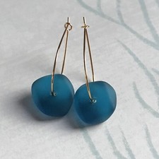 Min Favorit Teal Sea Glass Nugget  Gold Pl Artisan Drop Earrings