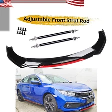 Front Bumper Lip Spoiler Splitter Body+Strut Rods Glossy Black For Honda Civic