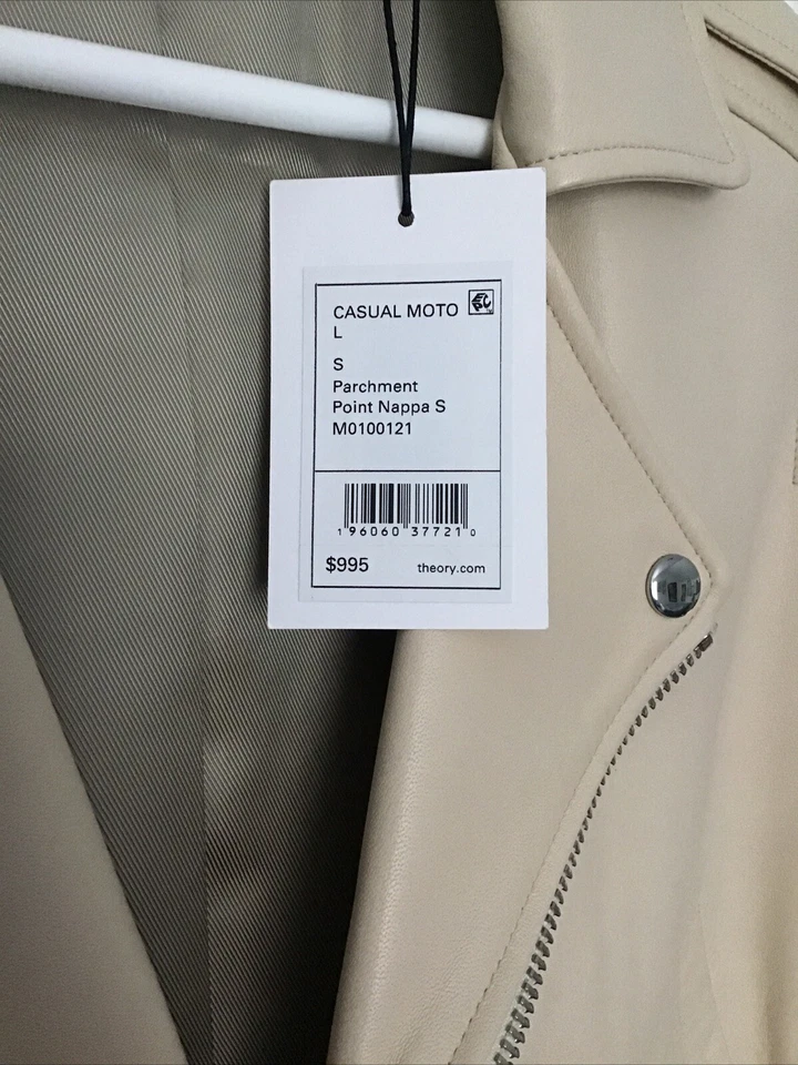 Nueva chaqueta de cuero Theory $995, beige, crema, cremallera plateada Foto 3 de 4