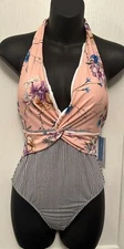 CUPSHE~nwt one piece Swimsuit~size S~SMALL~NEW~black stripes & pink blush floral