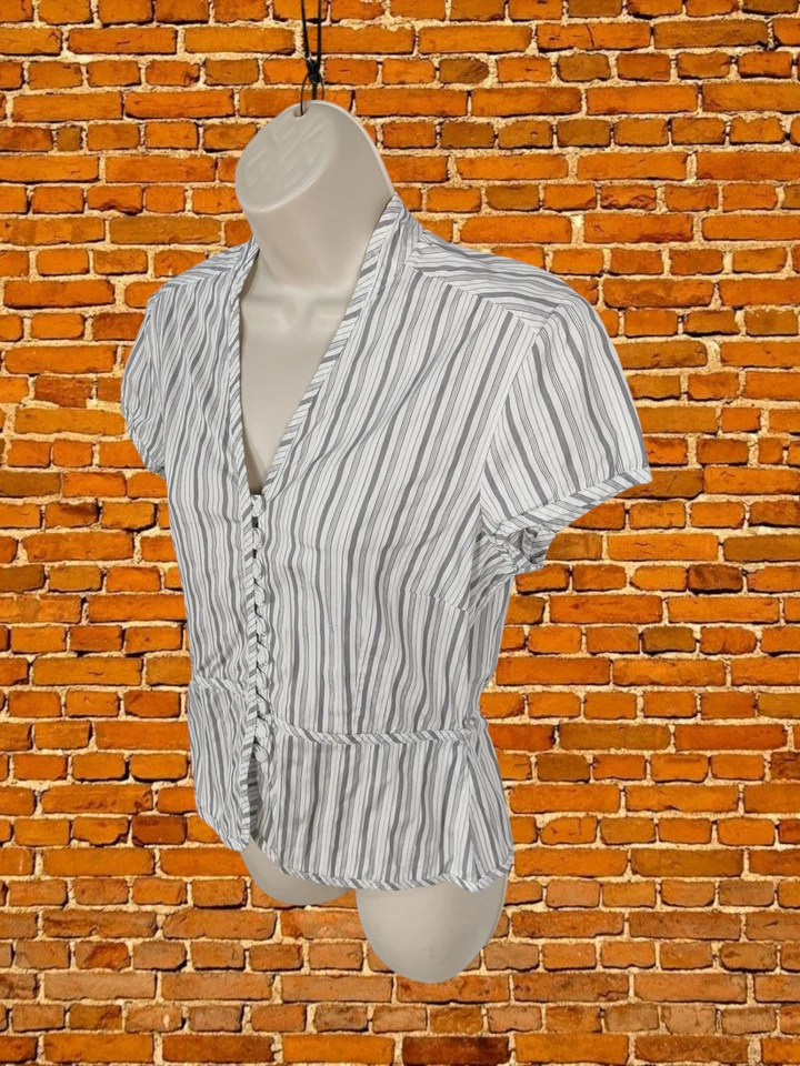 CAMISA JAEGER BLANCA TALLA UK 10 ALGODÓN MUJER MANGA CORTA RAYAS CUELLO EN V BLUSA Foto 2 de 4