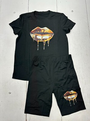 Black Gold Lip Graphic Two Piece Short Sleeve Biker Shorts Set Womens Size M NEW