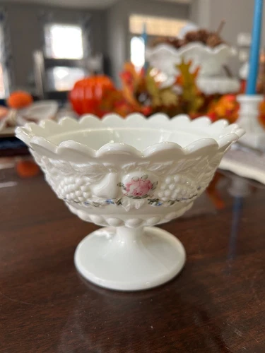 Vintage Westmoreland Hand Painted Roses and Bows Milk Glass Dish Compote Base