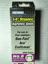 Staples Size 1/4" (6mm) 1000 Staples, No 6 Fits Duo-Fast, Craftsman SureBonder