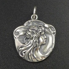 925 Sterling Silver Art Nouveau Style Lady Good Luck Charm Pendant Unique!