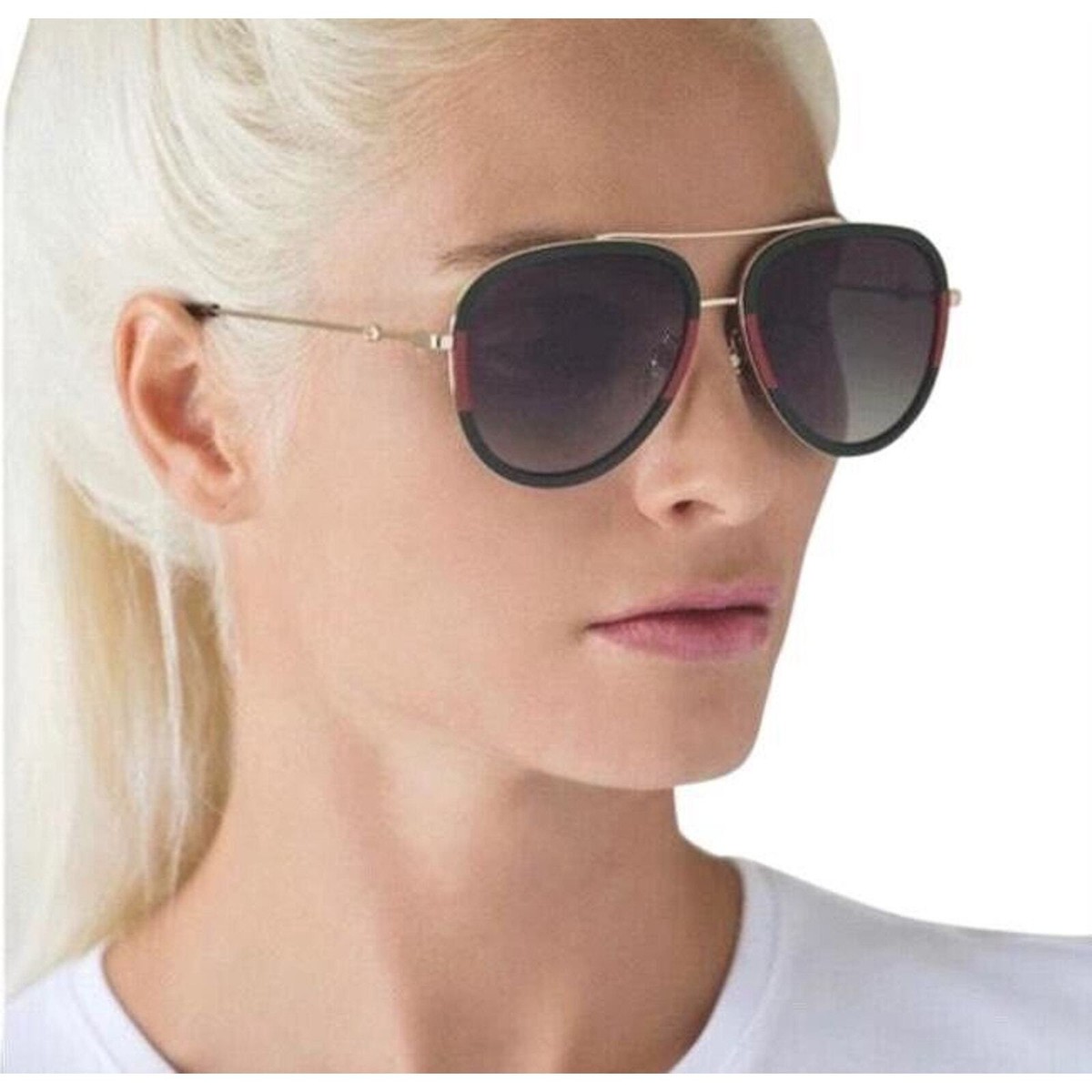 GUCCI GG0062S 003 Gold Green Red Grey Lens Women Aviator Sunglasses AUTHENTIC Gucci Pilot Urban Web Block Aviator Sunglasses, Gold/Green  main image 3