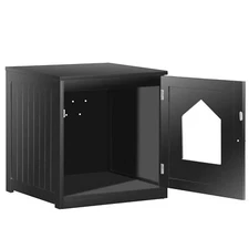  Black Wooden Cat Litter Box Enclosure Furniture Cat House & Side Table Washroom