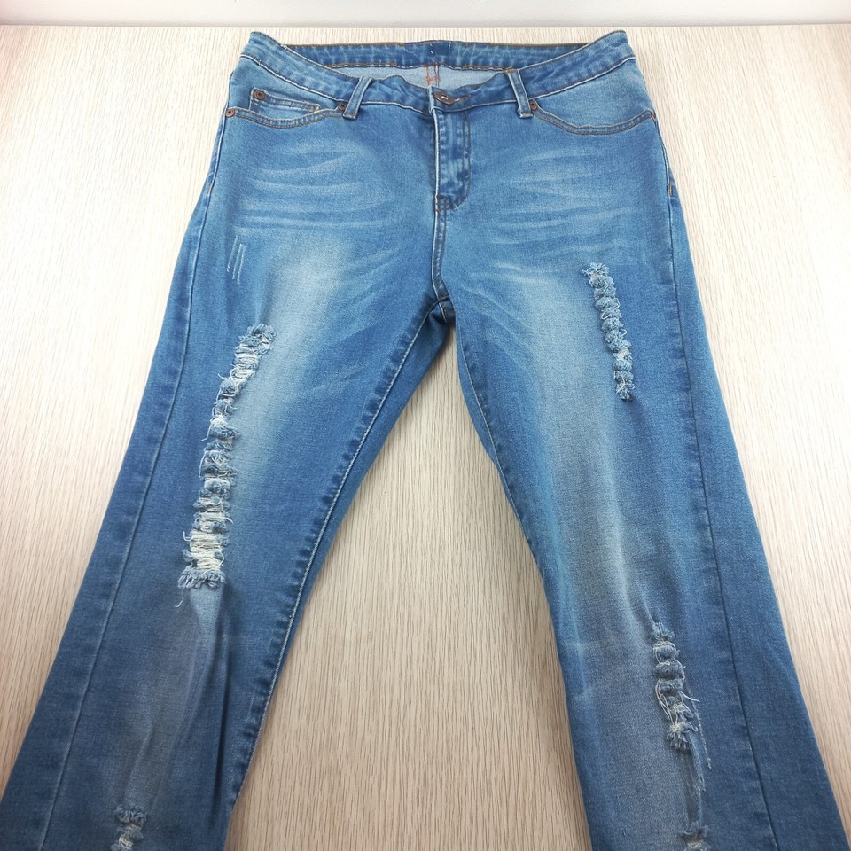 Distressed Denim Jeans Women's Size S Tent Mid Rise Skinny Ripped Ankle Blue
