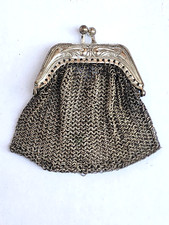 Miniature Antique Silver Mesh Coin Purse with Chain Art Deco 2.5" Doll Size