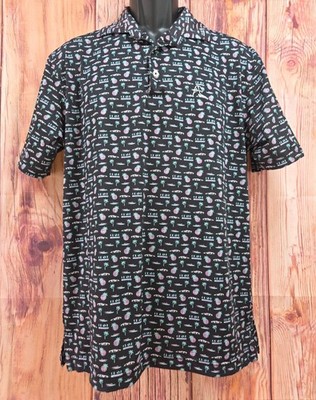 Rhoback Mens Crave Activity Polo Medium Black Palm Trees Cars Retro Print