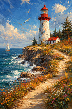 Seaside Lighthouse Seascape Wall Art Print Painting Printed On Canvas Artprint