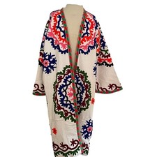 Suzani hand embroidered cotton/canvas white Floral Open Front Boho Coat one size