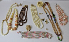 Estate Sale Lot Vintage Faux Pearl Jewelry Items Necklaces Dress Clip Earrings