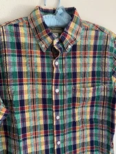 M Scandia Woods Colorful Plaid Button Shirt Seersucker Preppy Summer Yellow Blue
