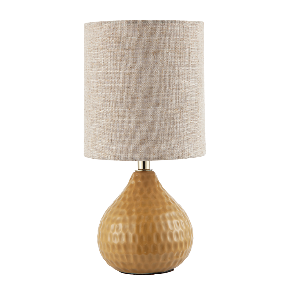 Mustard Ceramic Gloss Table Lamp with Natural Oatmeal Linen Shade by Happy Ho...