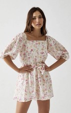 MinkPink Cecile White Pink Floral Square Neck Mini Dress Sz S Cottagecore Chic