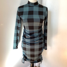 NWOT HELLO MIZ MATERNITY SMALL MIDI DRESS MOCK NECK PLAID TEAL BLACK MADE IN USA
