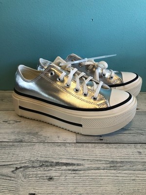Converse Double Stack Silver Shoes, Size 9.5, Metallic Platform, Brand New