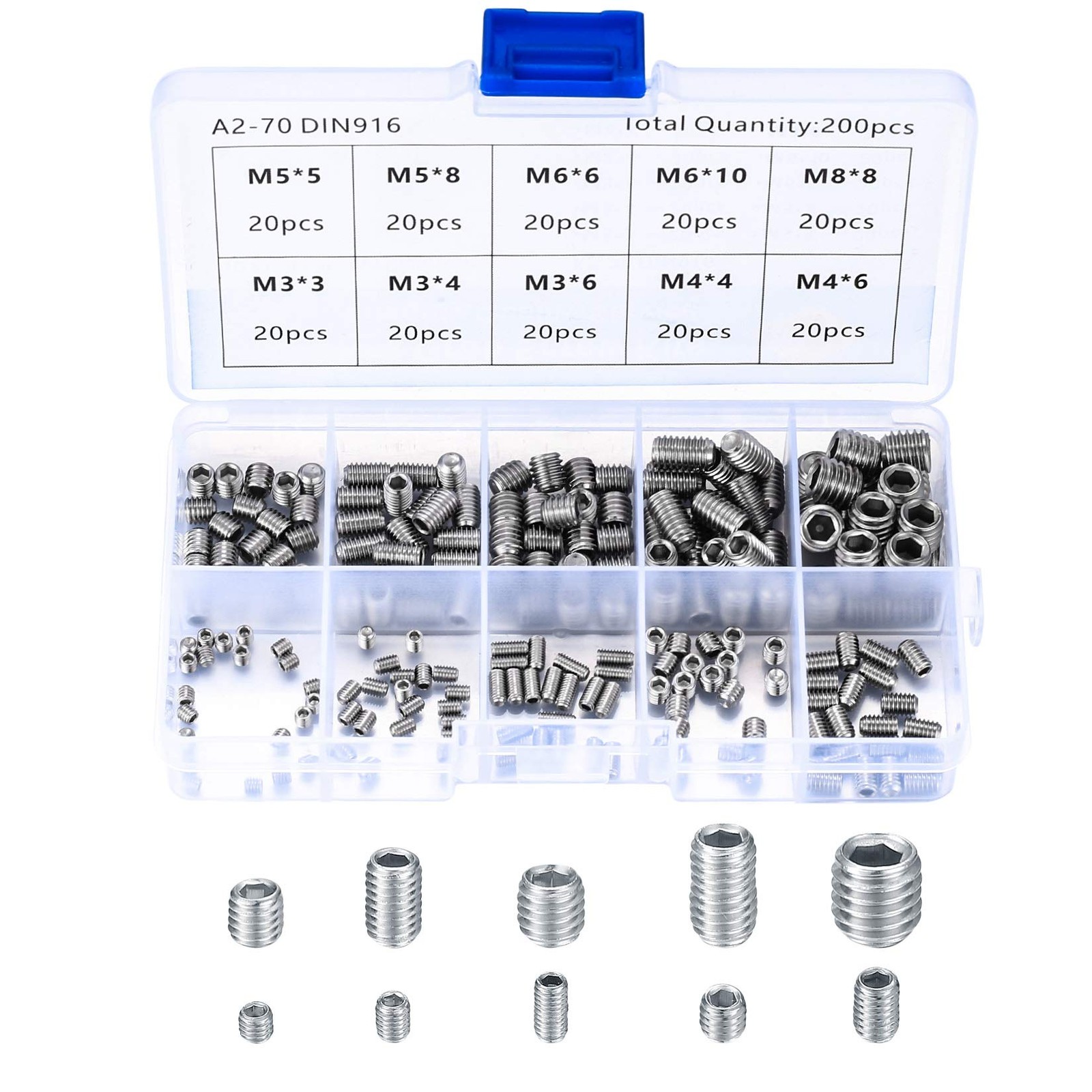 200 Pcs Stainless Steel Grub Screws M3 M4 M5 M6 M8 Hex Head Kit