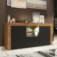 TV Unit Sideboard Cabinet Stand Oak Effect Black Matt Doors LED Lights 145cm