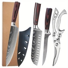 4 Pcs High Carbon Stainless Steel Damascus Gyuto Cleaver Kitchen Knife Set