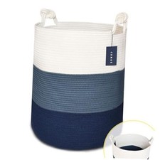 Extra Large Blanket Basket, Tall Woven Storage White  Cadet Blue  Navy Blue