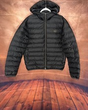 Image of Fred Perry Hooded Insulated Jacket Black Mens Size Large RRP £190 J8553