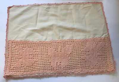 Hand Crotcheted Peach/Salmon Colored Butterfly Placemats On Linen (2)