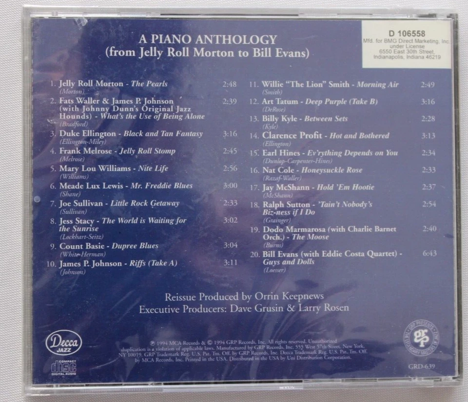 A PIANO ANTHOLOGY FROM JELLY ROLL MORTON TO BILL EVANS [NEW CD] JAZZ VARIOUS Foto 2 de 4