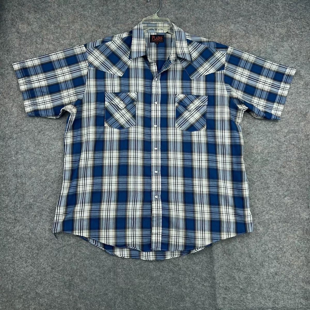 Plains Western Wear Shirt Mens XL Blue Plaid Pearl Snap Button Up