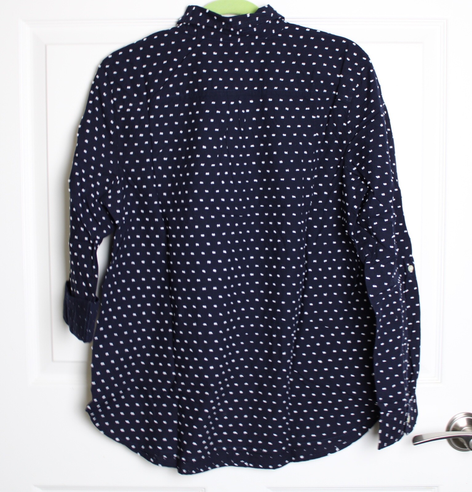 NWT Talbots Swiss Dot Button Up Navy White Dots Roll Tab Sleeve Round ...
