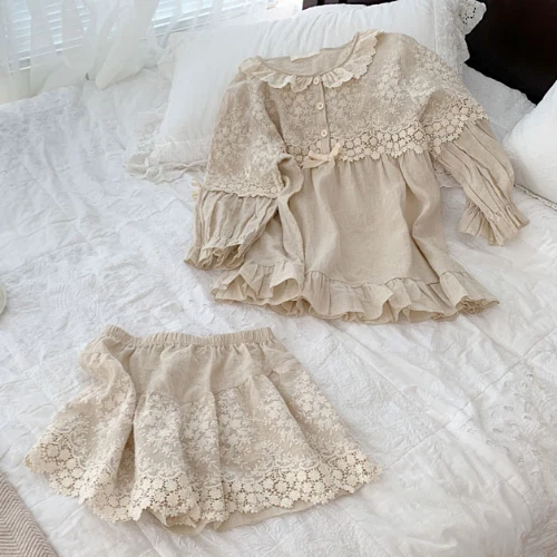 Women's Flower Embroidery Linen Pajama Summer Sets Tops+Shorts.Vintage Ladies - Picture 16 of 16