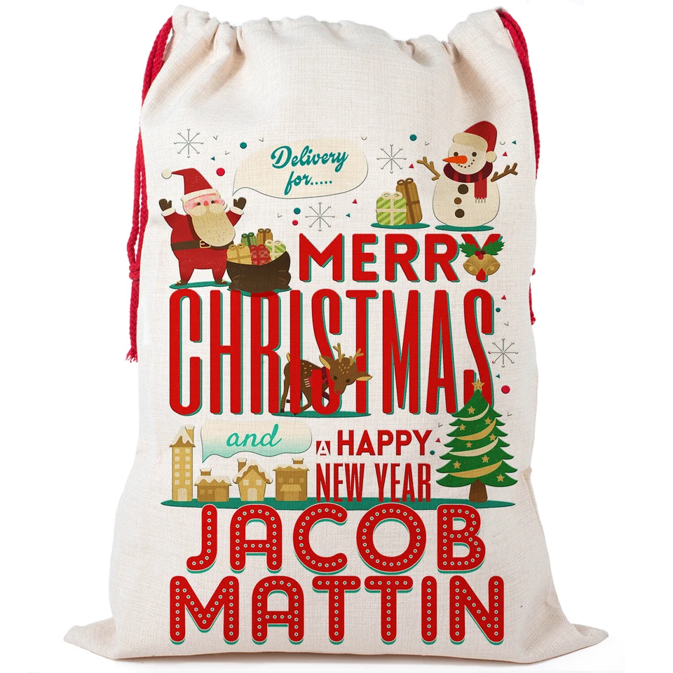 Personalised Christmas Sack Santa Xmas Present Childrens Stocking Gift Bag NS024