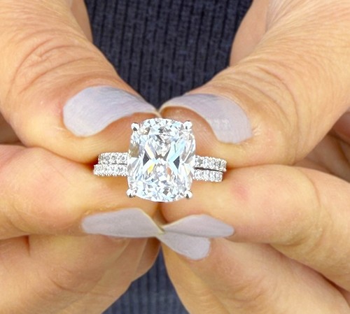 Cushion Cut Simulated Diamond Engagement Ring And Band 14K White Gold 5.40CTW - Picture 12 of 12