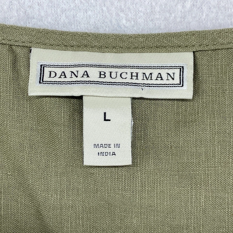 DANA BUCHMAN Top L Linen Blend Utility Blouse 1/2 Zip Roll Tab Sleeve Green - Image 4 of 4