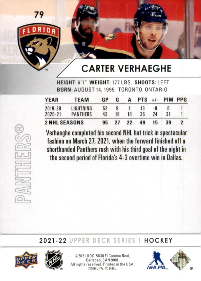 2021-22 Upper Deck #79 Carter Verhaeghe - Image 2 of 2