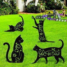 Elcoho 4 Pack Black Cat Silhouette Cute Metal Garden Statues Bird