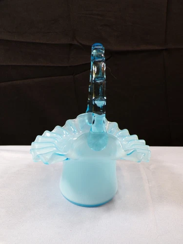 Fenton Blue Overlay Glass Hat Shaped Basket 6 1/4" Tall INV3