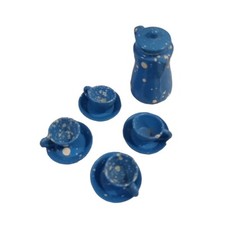 Vintage Doll House Miniatures 10pc Blue Enamelware Coffee Tea Set 1/4" to 1"