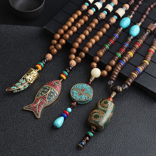 Women Vintage Long Sweater Chain Retro Wooden Beads Pendant Necklace Jewelry - Picture 1 of 10