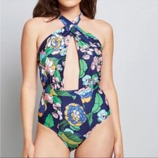 NWT ModCloth Blue Floral Low Cut One Piece Halter Swimsuit Bathing Suit - S