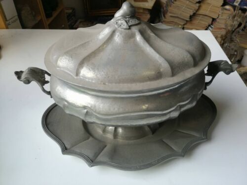 Centerpiece soup tureen pewter plate 95% handmade mid XX century - Picture 1 of 6