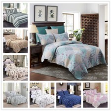 3-Piece Reversible Floral Printed Patchwork Bedspread Quilt Set Bed Coverlet