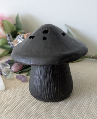 Vtg Mushroom Incense Burner Black Textured Cast Iron Two-piece 5'' High 1970s