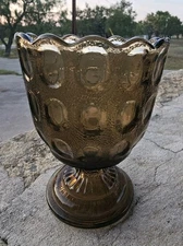 E O Brody Co Smoky Brown Thumbprint Design Footed Compote Vase USA Scalloped Top