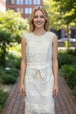 CHRISTIAN DIOR 8 Knit Crochet Dress Large Cream Sleeveless Boat Neck Vintage NWT