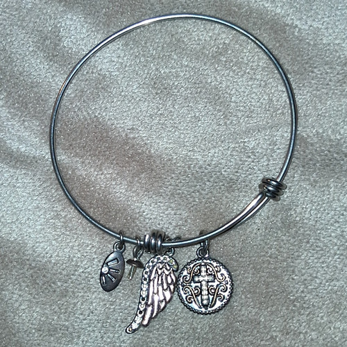 Silver Metal Bangle Charm Bracelet Dangle Angel Wing Cross Religious Charms