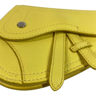 Dior Saddle CD Logo Charm Card Holder Pouch Coin Purse Yellow Leather W15xH11cm